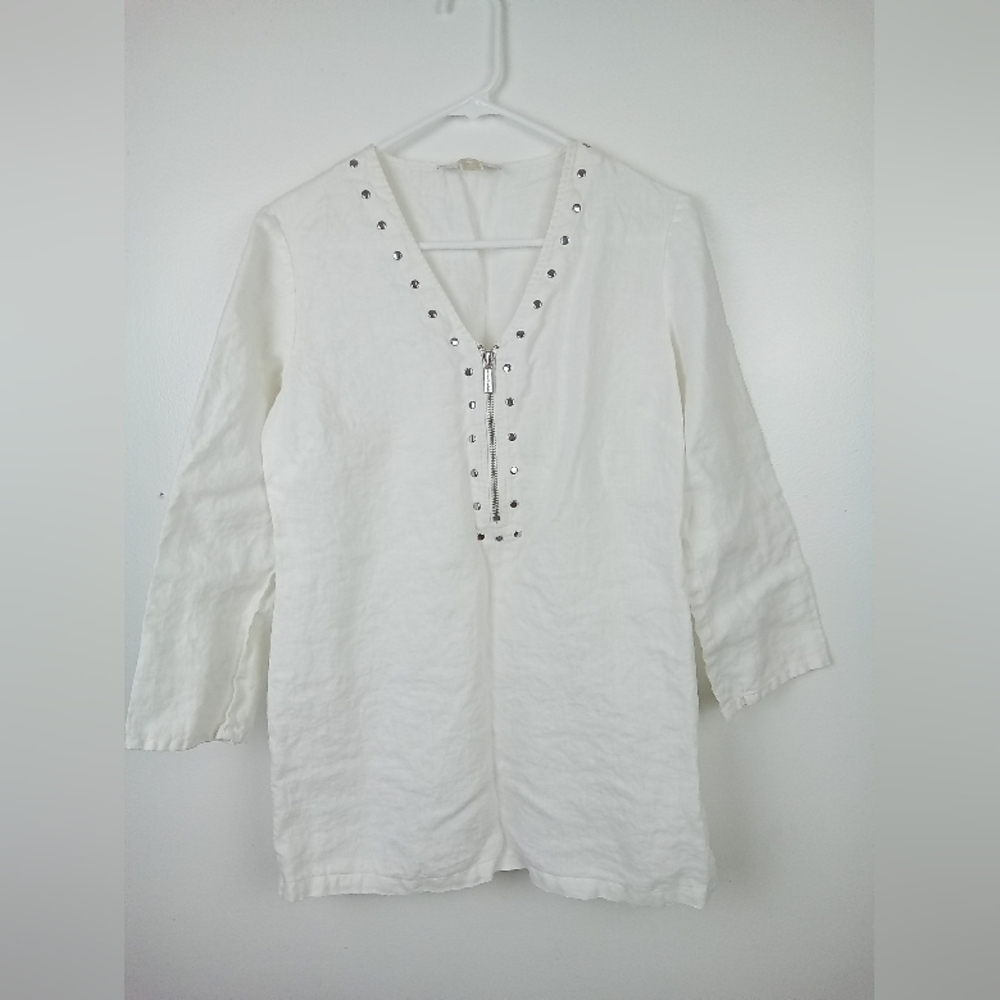 Michael Kors Women Linen Tunic Top V Neck Studs Zipper Accents | Medium